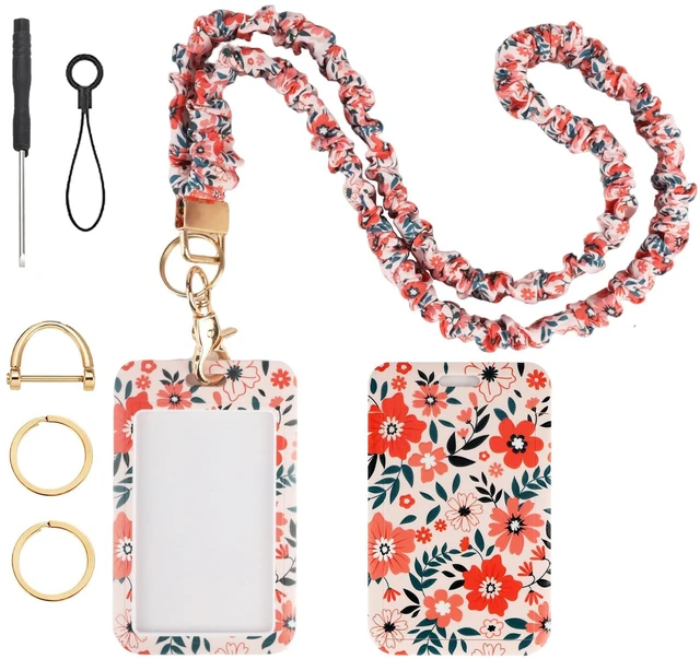 Main image of Teacher Lanyard, Scrunchie Lanyard with ID Badge for Women Soft Stretchy Lanyards Retractable Lanyards for Id Badges Keys Neck Keychain Floral Style