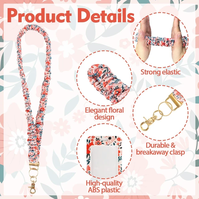 Alt view image 3 of 7 - Teacher Lanyard, Scrunchie Lanyard with ID Badge for Women Soft Stretchy Lanyards Retractable Lanyards for Id Badges Keys Neck Keychain Floral Style