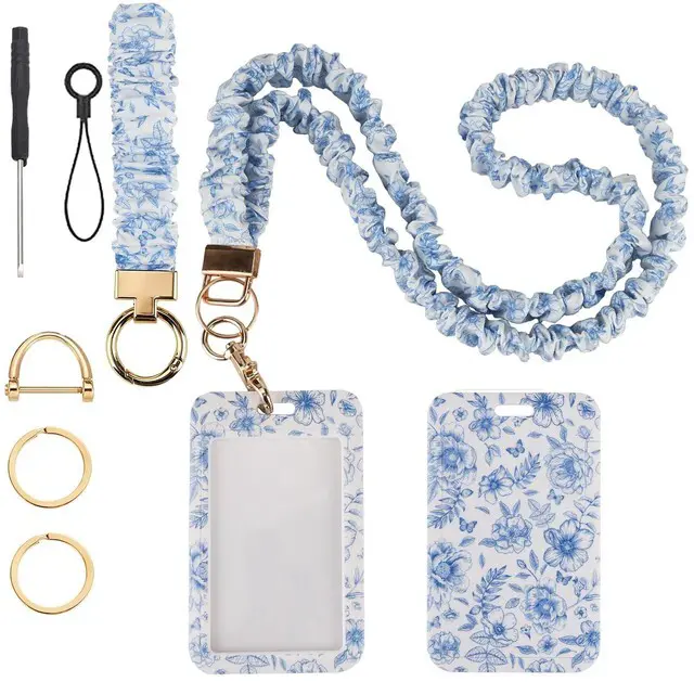Main image of Teacher Lanyard, Scrunchie Lanyard with ID Badge for Women Soft Stretchy Lanyards Retractable Lanyards for Id Badges Keys Neck and Wrist Keychain Chinoiserie Style