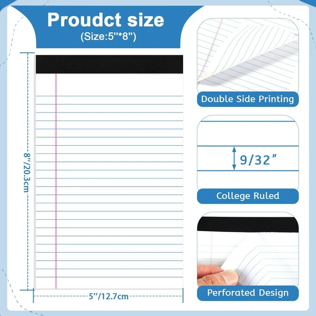 Alt view image 3 of 7 - 12 Pack 360 Sheets 5x8 Legal Pads, College Ruled 8 Colors White FSC-certified Paper, Perforated Tear-Off Pages, School Office Home Supplies Smooth Writing 30 Sheets/Pad Tablets Lined