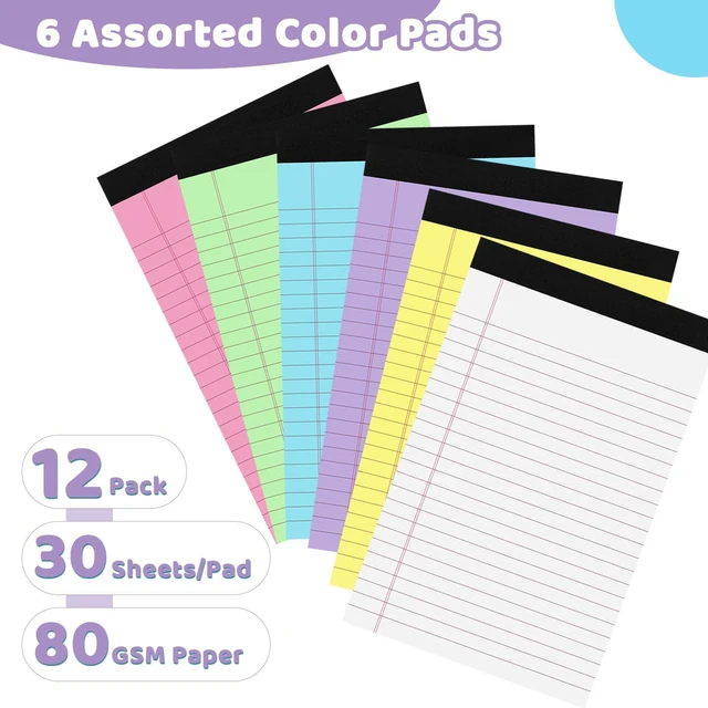 Alt view image 2 of 7 - 12 Pack 5x8 Legal Pads, College Ruled 6 Colors Totally 360 Sheets 80 Gsm FSC-certified Paper, Perforated Tear-Off Pages, School Office Supplies Smooth Writing 30 Sheets/Pad Tablets Lined