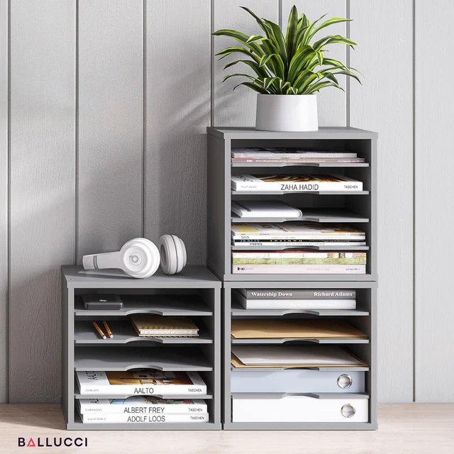 Alt view image 3 of 7 - 5-Tier File Organizer for Desk, Wooden Mail Sorter, Office Desk Organization, Paper Storage Organizers, Folder Holder for Desk, Letter Trays & Stacking Supports, Gray