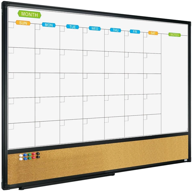 Main image of Magnetic Calendar Whiteboard & Bulletin Corkboard Combination, Combo Board 36 x 24 Inch, Black Aluminum Frame Wall Mounted Board for Office Home and School with 10 Push Pins