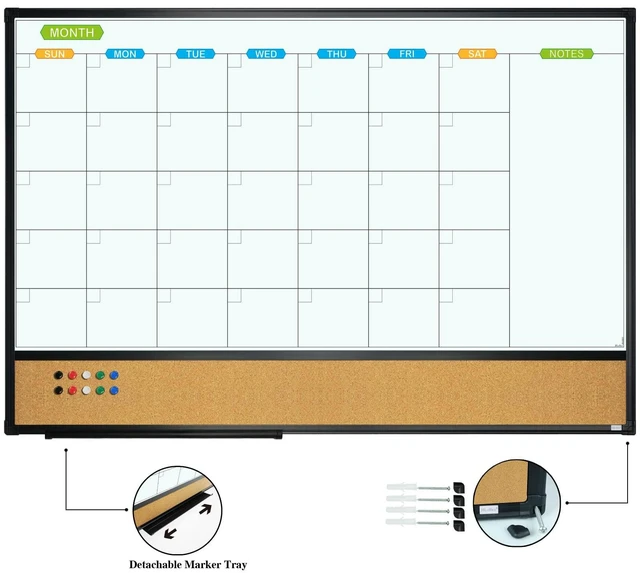 Alt view image 2 of 6 - Magnetic Calendar Whiteboard & Bulletin Corkboard Combination, Combo Board 36 x 24 Inch, Black Aluminum Frame Wall Mounted Board for Office Home and School with 10 Push Pins