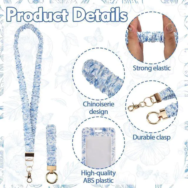 Alt view image 4 of 7 - Teacher Lanyard, Scrunchie Lanyard with ID Badge for Women Soft Stretchy Lanyards Retractable Lanyards for Id Badges Keys Neck and Wrist Keychain Chinoiserie Style