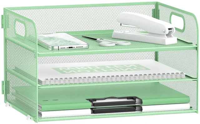 Main image of 3 Tier Paper Organizer for Desk, Sliding Paper Trays, Mint Green 3 Tier desk organizer and paper tray with handle and for A4 sheets, files, mail and folders in home offices or classrooms