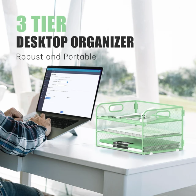 Alt view image 2 of 6 - 3 Tier Paper Organizer for Desk, Sliding Paper Trays, Mint Green 3 Tier desk organizer and paper tray with handle and for A4 sheets, files, mail and folders in home offices or classrooms