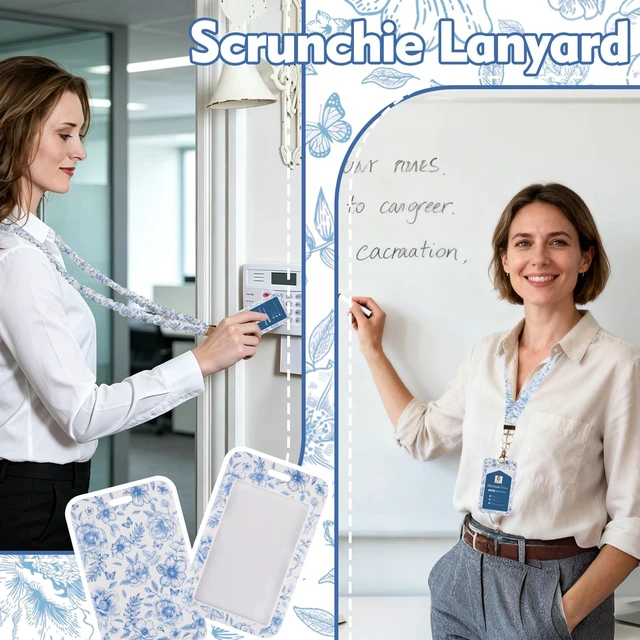 Alt view image 5 of 7 - Teacher Lanyard, Scrunchie Lanyard with ID Badge for Women Soft Stretchy Lanyards Retractable Lanyards for Id Badges Keys Neck and Wrist Keychain Chinoiserie Style