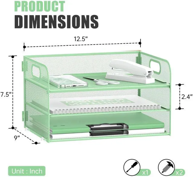 Alt view image 3 of 6 - 3 Tier Paper Organizer for Desk, Sliding Paper Trays, Mint Green 3 Tier desk organizer and paper tray with handle and for A4 sheets, files, mail and folders in home offices or classrooms