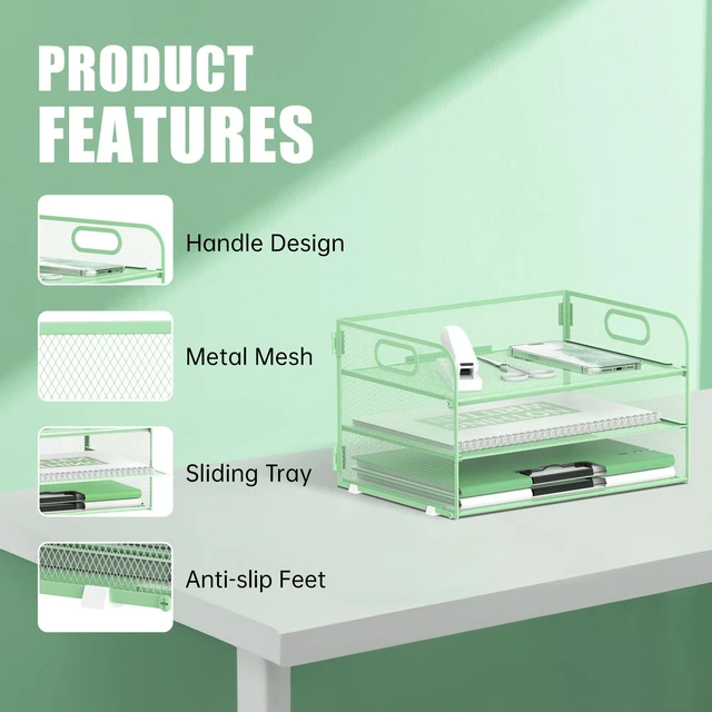 Alt view image 4 of 6 - 3 Tier Paper Organizer for Desk, Sliding Paper Trays, Mint Green 3 Tier desk organizer and paper tray with handle and for A4 sheets, files, mail and folders in home offices or classrooms