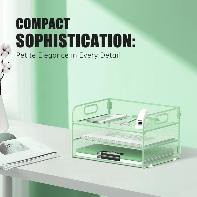 Alt view image 5 of 6 - 3 Tier Paper Organizer for Desk, Sliding Paper Trays, Mint Green 3 Tier desk organizer and paper tray with handle and for A4 sheets, files, mail and folders in home offices or classrooms