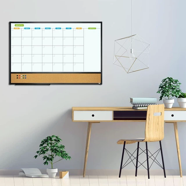 Alt view image 4 of 6 - Magnetic Calendar Whiteboard & Bulletin Corkboard Combination, Combo Board 36 x 24 Inch, Black Aluminum Frame Wall Mounted Board for Office Home and School with 10 Push Pins