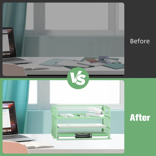 Alt view image 6 of 6 - 3 Tier Paper Organizer for Desk, Sliding Paper Trays, Mint Green 3 Tier desk organizer and paper tray with handle and for A4 sheets, files, mail and folders in home offices or classrooms