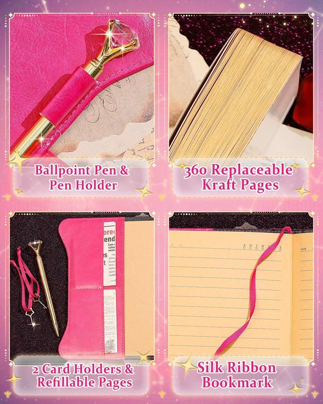 Alt view image 3 of 7 - Diary with Lock and Keys for Girls Gift Ideas, 360 Pages Journal Elegant Gift Box for Teen Girls, B6 Kraft Pages Refillable Notebook with Pen and Bookmark for Writing, Astro Hot Pink