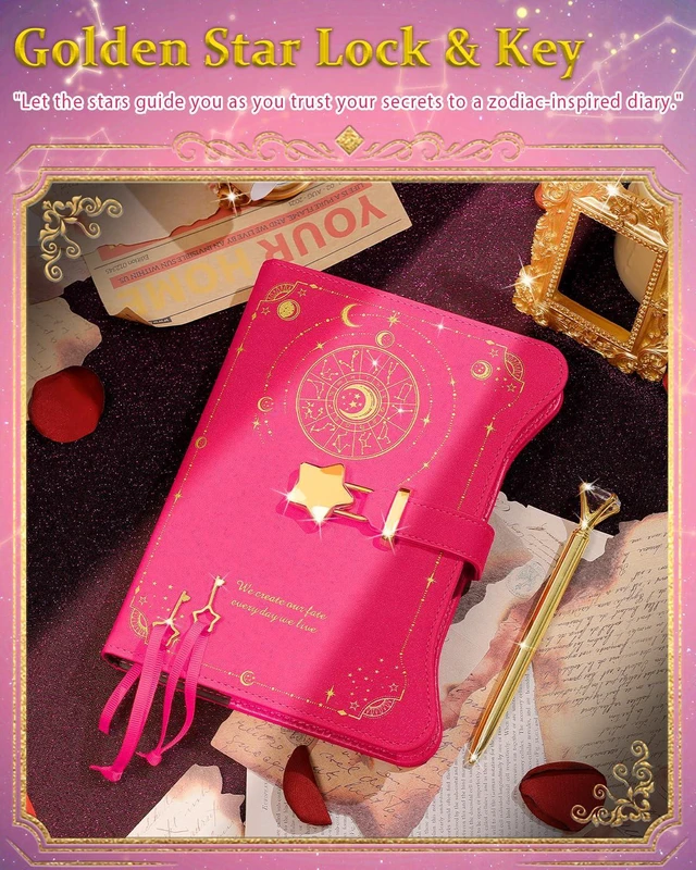 Alt view image 5 of 7 - Diary with Lock and Keys for Girls Gift Ideas, 360 Pages Journal Elegant Gift Box for Teen Girls, B6 Kraft Pages Refillable Notebook with Pen and Bookmark for Writing, Astro Hot Pink