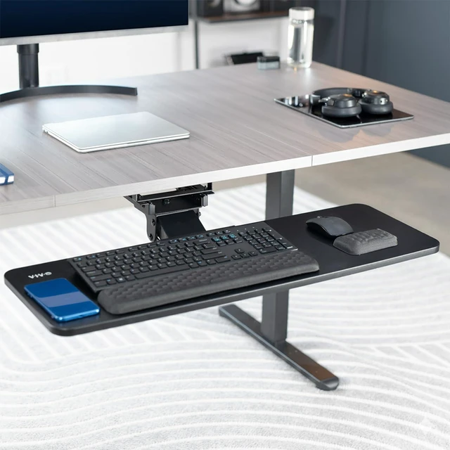 Alt view image 2 of 7 - Premium Black Under Desk 34 x 11 in Keyboard Tray, MOUNT-KB34P-B Deluxe Adjustable Computer Keyboard & Mouse Platform Tray, Ergonomic Under Table Desk Mount Drawer with Padding