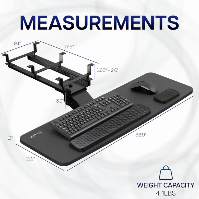 Alt view image 3 of 7 - Premium Black Under Desk 34 x 11 in Keyboard Tray, MOUNT-KB34P-B Deluxe Adjustable Computer Keyboard & Mouse Platform Tray, Ergonomic Under Table Desk Mount Drawer with Padding