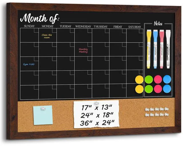 Main image of Chalkboard Calendar Corkboard Combo 36" x 24", Rustic Brown Magnetic Chalkboard for Wall, Combination Bulletin Board, Monthly Planner, 4 Markers 8 Magnets 10 Pushpins