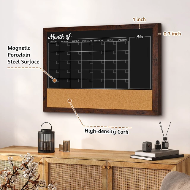 Alt view image 2 of 7 - Chalkboard Calendar Corkboard Combo 36" x 24", Rustic Brown Magnetic Chalkboard for Wall, Combination Bulletin Board, Monthly Planner, 4 Markers 8 Magnets 10 Pushpins