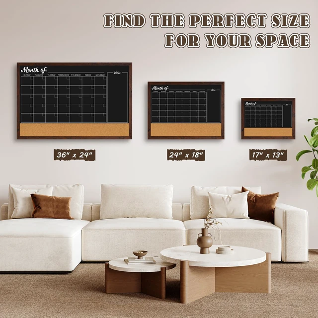 Alt view image 3 of 7 - Chalkboard Calendar Corkboard Combo 36" x 24", Rustic Brown Magnetic Chalkboard for Wall, Combination Bulletin Board, Monthly Planner, 4 Markers 8 Magnets 10 Pushpins