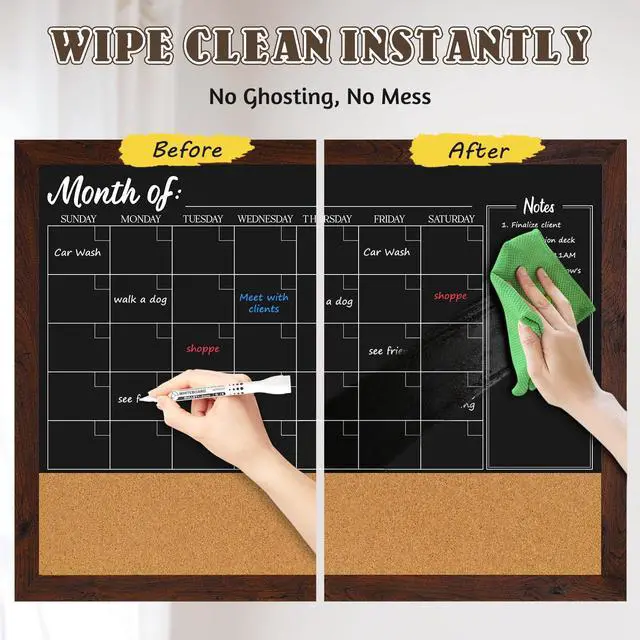 Alt view image 4 of 7 - Chalkboard Calendar Corkboard Combo 36" x 24", Rustic Brown Magnetic Chalkboard for Wall, Combination Bulletin Board, Monthly Planner, 4 Markers 8 Magnets 10 Pushpins