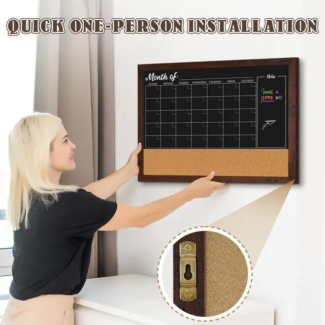 Alt view image 5 of 7 - Chalkboard Calendar Corkboard Combo 36" x 24", Rustic Brown Magnetic Chalkboard for Wall, Combination Bulletin Board, Monthly Planner, 4 Markers 8 Magnets 10 Pushpins