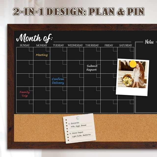Alt view image 6 of 7 - Chalkboard Calendar Corkboard Combo 36" x 24", Rustic Brown Magnetic Chalkboard for Wall, Combination Bulletin Board, Monthly Planner, 4 Markers 8 Magnets 10 Pushpins