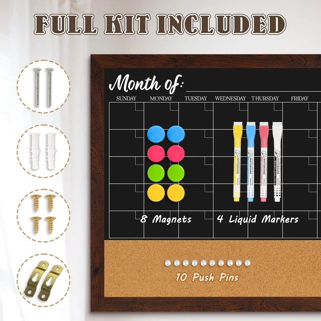 Alt view image 7 of 7 - Chalkboard Calendar Corkboard Combo 36" x 24", Rustic Brown Magnetic Chalkboard for Wall, Combination Bulletin Board, Monthly Planner, 4 Markers 8 Magnets 10 Pushpins