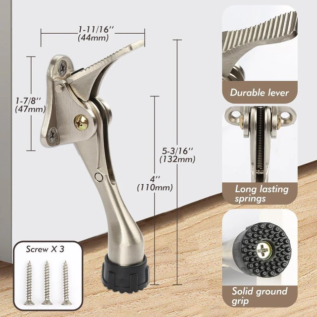 Alt view image 3 of 6 - Kickdown Door Stopper 4 Inches - 4 Packs One Touch Adjustable Height Door Stop for The Bottom of Door The Bottom of Door Aluminum Alloy Metal Door Stopper with Rubber Tip Satin Nickel