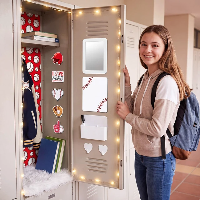 Alt view image 2 of 6 - 12 Pcs School Locker Accessories Kit, Baseball, Red and White Locker Wallpaper Magnetic Mirror Whiteboard Rug Pen Holder Keychain Hook and More, Locker Decoration and Daily Storage