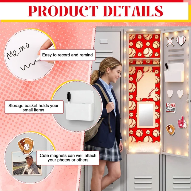 Alt view image 4 of 6 - 12 Pcs School Locker Accessories Kit, Baseball, Red and White Locker Wallpaper Magnetic Mirror Whiteboard Rug Pen Holder Keychain Hook and More, Locker Decoration and Daily Storage