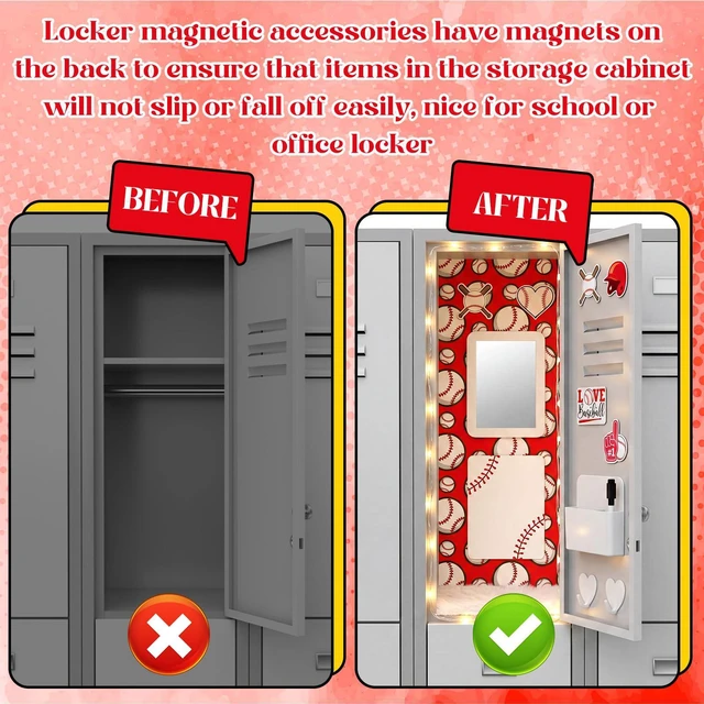 Alt view image 5 of 6 - 12 Pcs School Locker Accessories Kit, Baseball, Red and White Locker Wallpaper Magnetic Mirror Whiteboard Rug Pen Holder Keychain Hook and More, Locker Decoration and Daily Storage