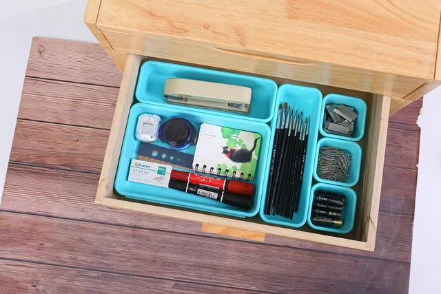 Alt view image 3 of 7 - 15PCS Interlocking Drawer Organizer, Plastic Desk Organizer Set 3-Size Versatile Storage Bins,BPA-free,Non-slip, Fits Any Drawer for Cosmetics,Bathroom, Tools,Kitchen and OfficeBlue&Green