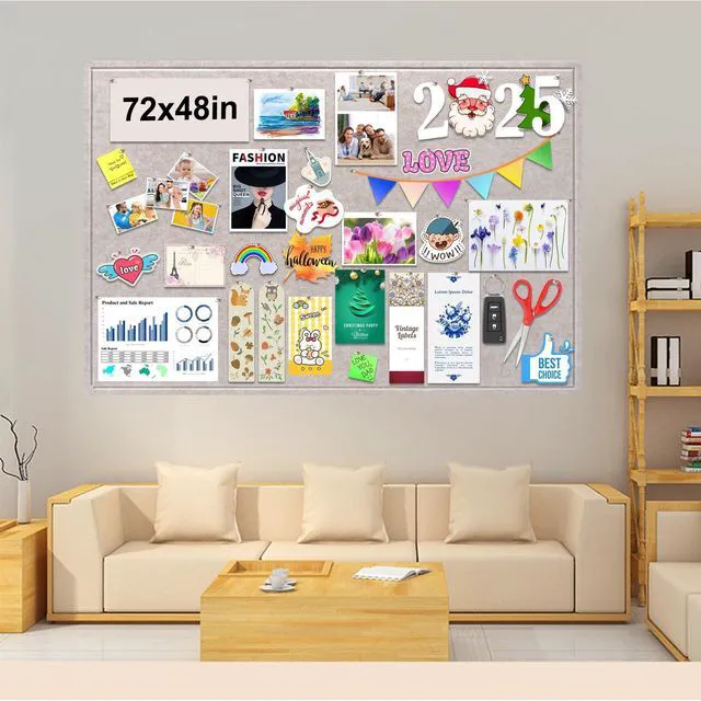 Alt view image 2 of 7 - Large Bulletin Board, Foldable 72x48 Inches Cork Board Alternative, Large Felt Board Decorative Pin Board for Wall, Foldable Photo Board Self-Adhesive Vision Board with 36 Pushpins Light Khaki