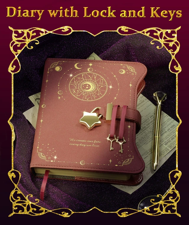 Alt view image 7 of 7 - Diary with Lock and Keys for Girls Gift Ideas, 360 Pages Journal Elegant Gift Box for Teen Girls, B6 Kraft Pages Refillable Notebook with Pen and Bookmark for Writing, Astro Red