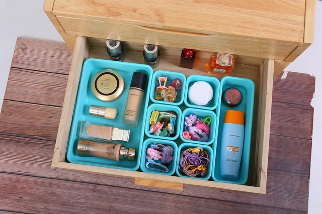 Alt view image 4 of 7 - 15PCS Interlocking Drawer Organizer, Plastic Desk Organizer Set 3-Size Versatile Storage Bins,BPA-free,Non-slip, Fits Any Drawer for Cosmetics,Bathroom, Tools,Kitchen and OfficeBlue&Green