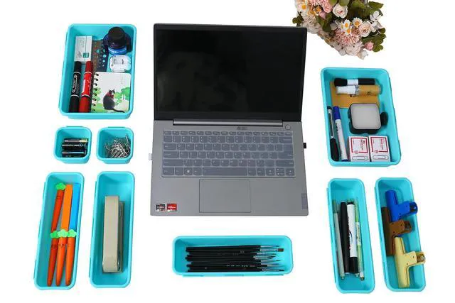 Alt view image 7 of 7 - 15PCS Interlocking Drawer Organizer, Plastic Desk Organizer Set 3-Size Versatile Storage Bins,BPA-free,Non-slip, Fits Any Drawer for Cosmetics,Bathroom, Tools,Kitchen and OfficeBlue&Green