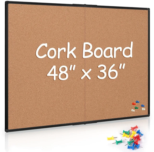 Main image of Cork Board Bulletin Board 36 x 48, Foldable Notice Pin Board for Wall, Black Aluminum Framed 4x3 Corkboard, Large Wall Mounted Office Board with 36 Push Pins for School & Home