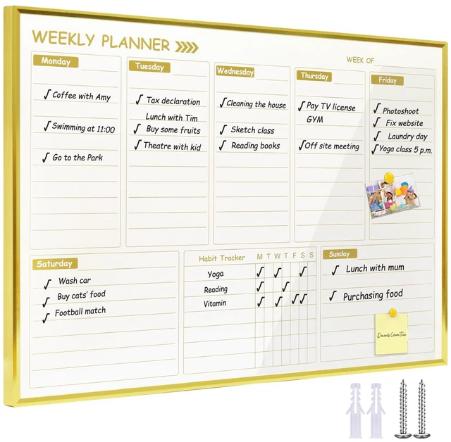Main image of Gold Weekly Dry Erase Board for Wall,12"x16",Gold Metal Frame Weekly Planner Whiteboard for to Do List, Memo, School, Home, Office, Kitchen-GZ