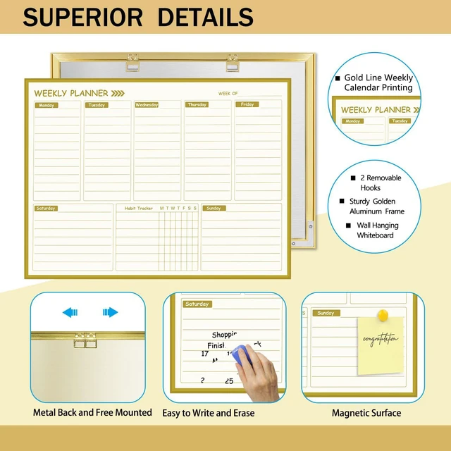 Alt view image 2 of 7 - Gold Weekly Dry Erase Board for Wall,12"x16",Gold Metal Frame Weekly Planner Whiteboard for to Do List, Memo, School, Home, Office, Kitchen-GZ