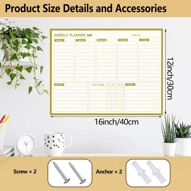 Alt view image 4 of 7 - Gold Weekly Dry Erase Board for Wall,12"x16",Gold Metal Frame Weekly Planner Whiteboard for to Do List, Memo, School, Home, Office, Kitchen-GZ