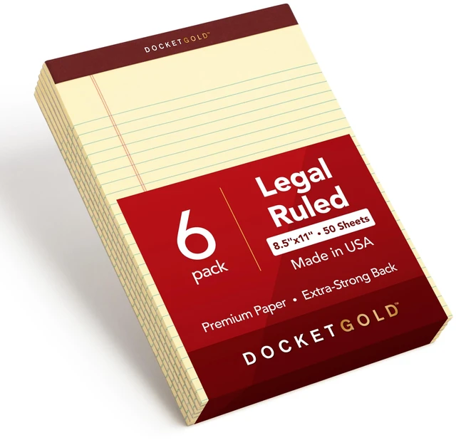 Main image of Legal Pads, 6 Pack, Premium Docket Gold Note Pads, 50 Legal Ruled 8.5 x 11 Sheets, Thick Canary Yellow Paper with Extra Hard Back, Proudly Made in the USA