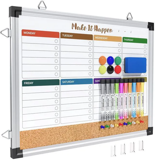 Main image of Weekly Dry Erase Board, 17"x13", Double Sided, Colorful Cork surface combo, white board, aluminum frame, reversible hanging, for home office school kitchen, wall mounted