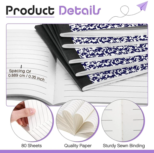 Alt view image 2 of 7 - Half Composition Books,Purple,Snowflake 20 Pack Bulk Journals for School Students, Wide Ruled 80 Sheets, 11/32 Inch Spacing, 4-7/8x7-1/2 Size, Primary Covers
