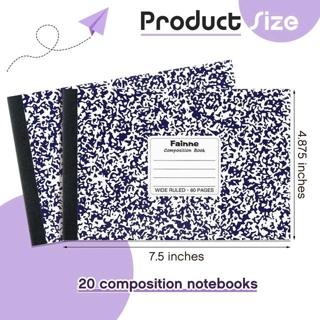Alt view image 3 of 7 - Half Composition Books,Purple,Snowflake 20 Pack Bulk Journals for School Students, Wide Ruled 80 Sheets, 11/32 Inch Spacing, 4-7/8x7-1/2 Size, Primary Covers