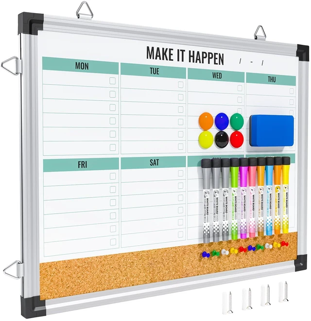 Main image of Weekly Dry Erase Board, 17"x13", Double Sided, Green Cork surface combo, white board, aluminum frame, reversible hanging, for home office school kitchen, wall mounted