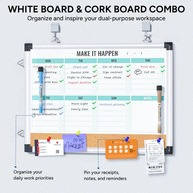 Alt view image 2 of 7 - Weekly Dry Erase Board, 17"x13", Double Sided, Green Cork surface combo, white board, aluminum frame, reversible hanging, for home office school kitchen, wall mounted