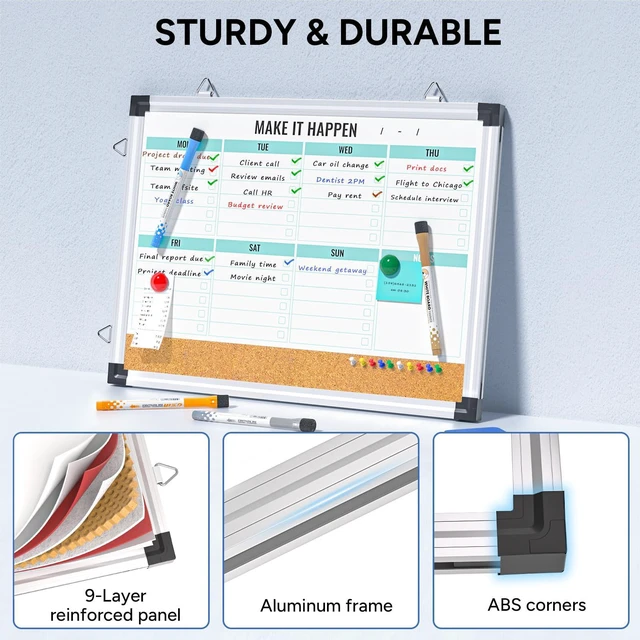 Alt view image 3 of 7 - Weekly Dry Erase Board, 17"x13", Double Sided, Green Cork surface combo, white board, aluminum frame, reversible hanging, for home office school kitchen, wall mounted