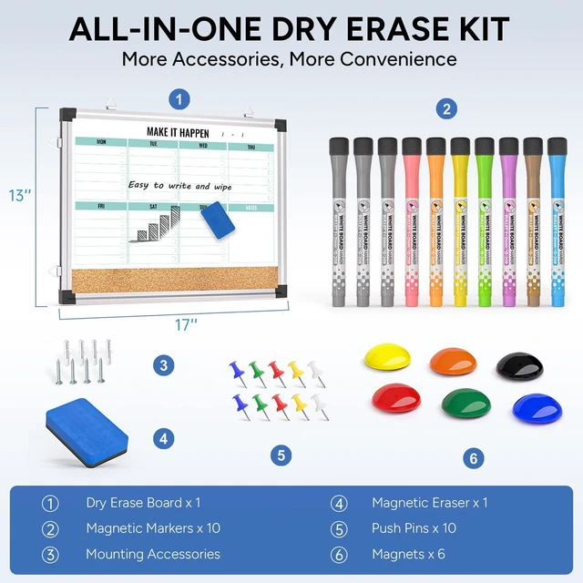 Alt view image 5 of 7 - Weekly Dry Erase Board, 17"x13", Double Sided, Green Cork surface combo, white board, aluminum frame, reversible hanging, for home office school kitchen, wall mounted