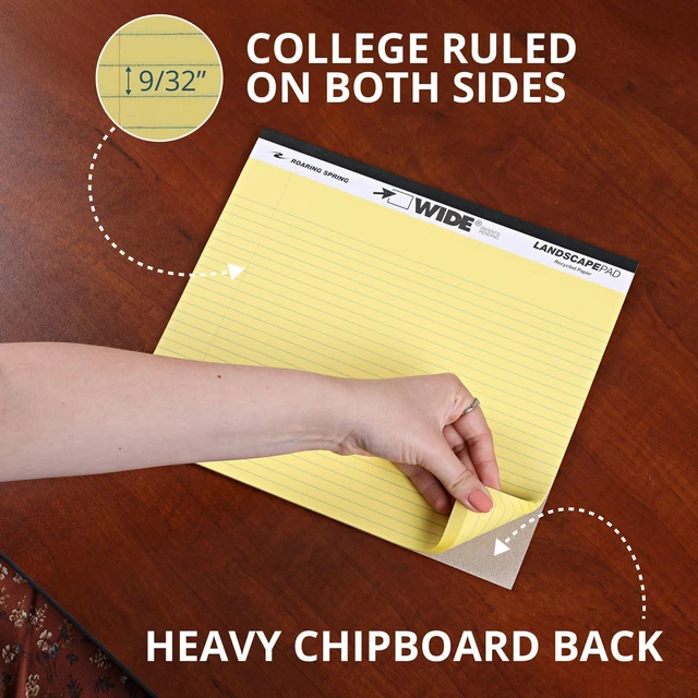 Alt view image 5 of 6 - Wide Landscape Legal Pad, Canary Yellow, 12 Pads, 11" x 9.5", College-Ruled with Margin, 20 lb Recycled Paper, 40 Perforated Sheets, Made in USA 0070972745216